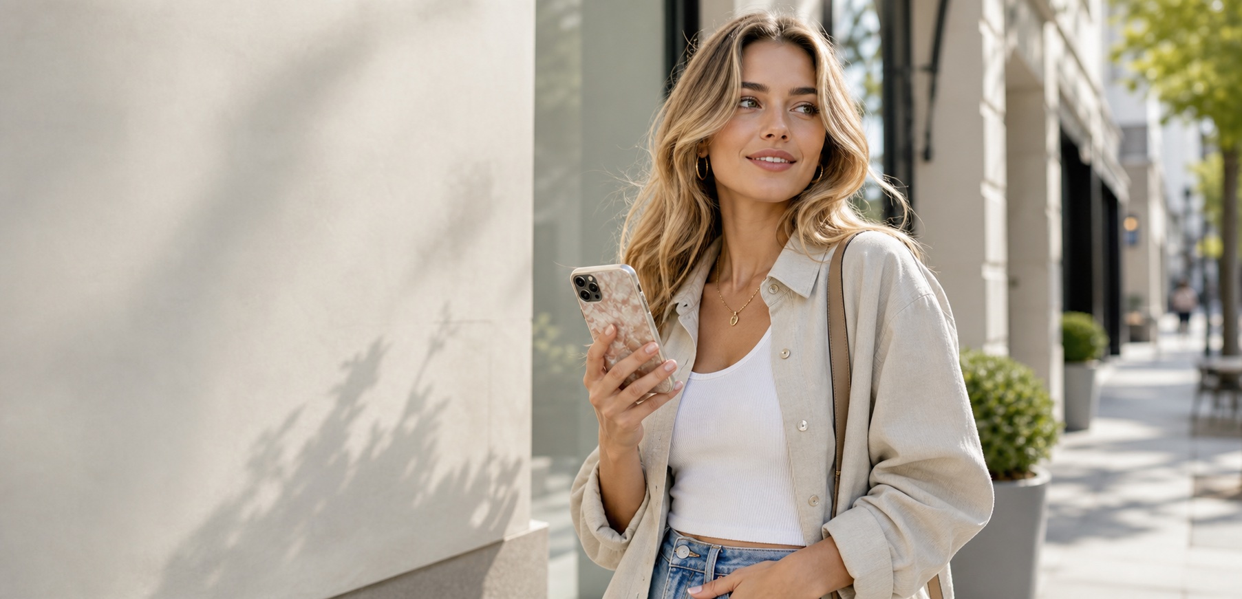 Stylish model holding a phone with a fashion case